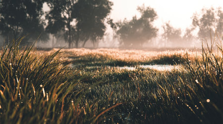 A peaceful meadow bathed in soft morning light, showcasing dewy grass and surrounded by trees. This serene landscape evokes calm and tranquility, perfect for nature lovers.の素材