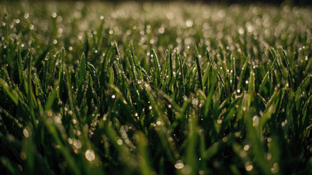 A stunning close-up of fresh green grass decorated with dew droplets reflecting morning light, showcasing nature's beauty and tranquility in a serene outdoor setting.の素材