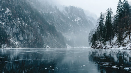 Discover a serene winter landscape featuring a frozen lake surrounded by snow-covered mountains and towering pine trees, enveloped in soft mist and tranquility.の素材