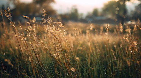Captivating view of golden wild grass swaying gently in a sunlit field during dusk, capturing the essence of nature's tranquility and delicate beauty.の素材