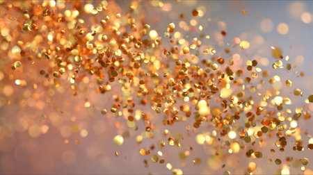 This mesmerizing image showcases golden glitter particles in a soft bokeh effect, creating a dreamy atmosphere perfect for design, celebrations, and creative expressions.の素材