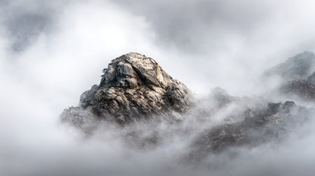 A stunning mountain peak rises above the dense fog, creating a dramatic scene that captures the beauty of nature, inviting exploration and adventure.の素材