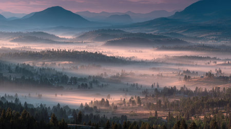 Breathtaking view of mist enveloping rolling hills at dawn, showcasing a tranquil landscape filled with soft light, trees, and a serene atmosphere in fresh nature.の素材