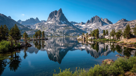 A breathtaking view of majestic mountains reflected in a crystal-clear lake, surrounded by lush greenery, creating a serene and tranquil atmosphere in nature.の素材