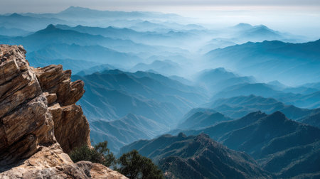Experience the serene beauty of a mountainous landscape blanketed in fog and mist. This stunning natural scene highlights rocky formations and distant peaks.の素材