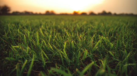 A close-up view of vibrant green grass under the warm glow of a sunset, showcasing nature's beauty and tranquility, perfect for relaxation and outdoor scenes.の素材