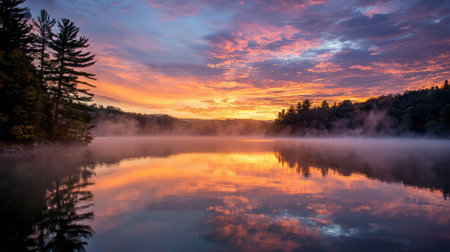 A breathtaking sunrise paints the sky with vibrant colors above a calm lake. Mist hovers over the water, creating a tranquil atmosphere in nature.の素材