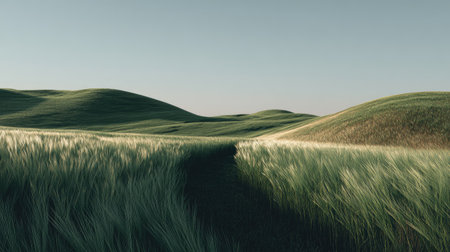 This image captures the tranquility of rolling green hills covered in soft grass. A narrow path winds through the lush landscape, inviting exploration. Perfect for nature themes.の素材