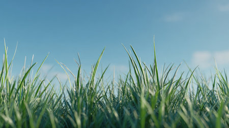 Captivating view of lush green grass stretching towards a bright blue sky adorned with soft clouds, creating a peaceful outdoor atmosphere for nature lovers.の素材