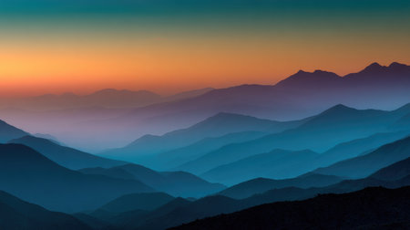 Experience the breathtaking beauty of a serene sunset over a foggy mountain landscape, showcasing the soft colors of twilight and rolling hills in the distance.の素材