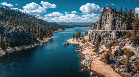 A breathtaking view of a tranquil lake nestled between towering mountains, with vibrant greenery and a stunning blue sky filled with fluffy clouds, perfect for outdoor enthusiasts.の素材