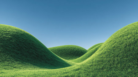Experience the beauty of lush green rolling hills under a bright blue sky. This serene landscape evokes peace and tranquility, perfect for various themes in photography.の素材