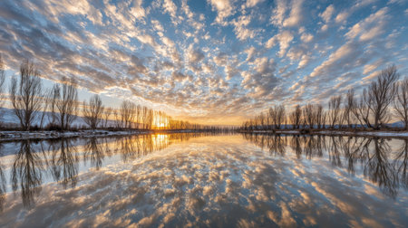 A stunning view of a river at dusk, showcasing colorful clouds reflecting in the calm water, framed by leafless trees, creating a serene and peaceful atmosphere.の素材