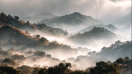 A breathtaking view of rolling hills enveloped in a soft mist at dawn, showcasing the serene beauty of nature and creating a peaceful, tranquil atmosphere.の素材