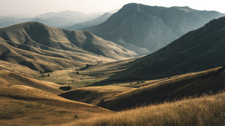 A stunning mountain landscape showcases rolling hills bathed in soft morning light, creating a peaceful atmosphere ideal for nature lovers and outdoor enthusiasts.の素材