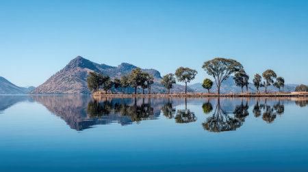 A stunning landscape featuring a serene lake surrounded by distant mountains and trees. The clear blue sky and calm water create a peaceful natural scene.の素材