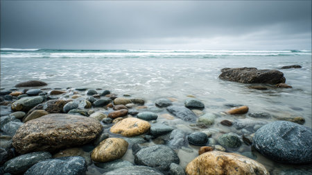 A stunning coastal scene featuring smooth stones and gentle waves under a cloudy sky, capturing the calming essence of natureの素材