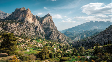 Explore a stunning view of majestic rocky mountains under a clear sky, surrounded by lush green hills and scenic valleys that showcase the beauty of nature.の素材