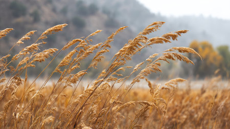 A stunning view of golden grass swaying gently in the breeze, set against mist-covered hills in the crisp autumn morning light, embodies peaceful natural beauty.の素材