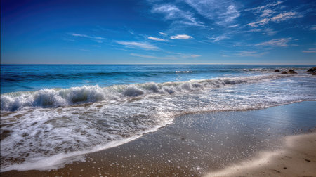 A tranquil scene depicting gentle waves rolling onto a sandy beach under a brilliant blue sky adorned with fluffy clouds, perfect for relaxation and escape.の素材