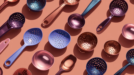 A vibrant arrangement of colorful kitchen utensils laid on a warm surface, showcasing various shapes and designs. Perfect for culinary enthusiasts and home cooking inspiration.の素材