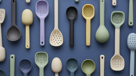 A visually appealing flat lay of various colorful kitchen utensils on a blue background. This image emphasizes modern design and playful aesthetics in culinary tools.の素材