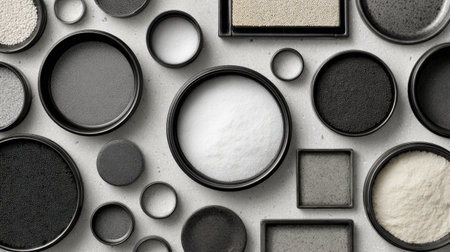 A captivating display of various powders arranged in round containers showcases a blend of textures and shades, perfect for design projects and visual inspiration.の素材