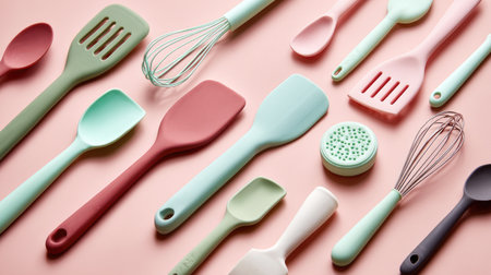 Discover a delightful arrangement of colorful kitchen utensils on a soft pink background, perfect for culinary inspiration and enhancing kitchen aesthetics.の素材