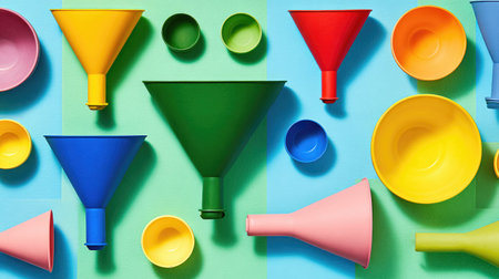 This vibrant and colorful arrangement features various plastic funnels and bowls on a bright background, ideal for creative designs, kitchen projects, and art concepts.の素材