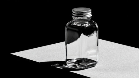 A solitary clear glass bottle rests on a textured surface, illuminated by striking light and shadow, creating a captivating black and white visual impact.の素材
