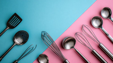 This image showcases a variety of polished metal cooking utensils artistically arranged on a split blue and pink background, perfect for kitchen decor inspiration.の素材