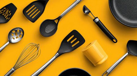 A collection of essential kitchen tools and utensils displayed against a bright yellow background, perfect for adding style and functionality to any cooking space.の素材