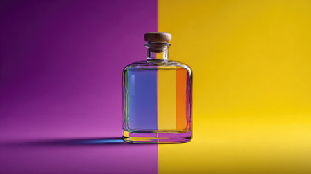 A striking glass bottle sits gracefully on a vivid purple and yellow backdrop, capturing the essence of modern design and creativity in a visually stunning composition.の素材