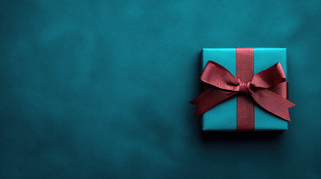 A beautifully wrapped teal gift box with a luxurious red satin ribbon creates an eye-catching focal point against a textured dark background, ideal for celebrations.の素材