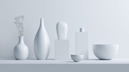 A serene and minimalistic composition featuring white vases and bowls arranged elegantly against a soft gray backdrop, perfect for modern decor inspiration and aesthetic appeal.の素材