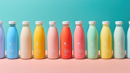 An array of colorful bottles containing smoothies and beverages, showcasing a minimalist design. Perfect for promoting healthy lifestyle choices and refreshing drinks.の素材
