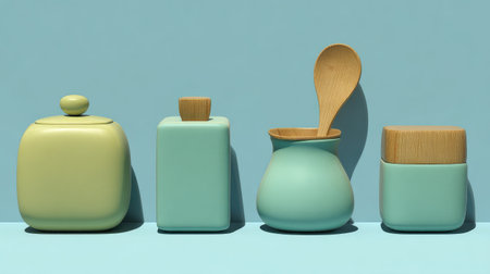 A serene arrangement of soft pastel kitchen storage containers on a blue background, highlighting minimalist design and elegant functionality perfect for modern homes.の素材