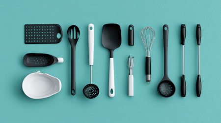 This image showcases a visually appealing layout of kitchen utensils on a turquoise background, perfect for inspiring culinary creativity and organization in cooking spaces.の素材