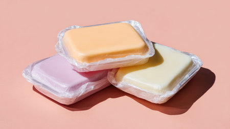 A visually appealing arrangement of three colorful bar soaps in their sleek packaging, set against a soft pink backdrop. Perfect for beauty and home projects.の素材