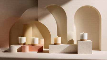 A serene composition featuring minimalist candles on sculptural elements, showcasing soft arches and warm tones, ideal for modern home decor and aesthetic inspiration.の素材