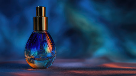 This elegant perfume bottle showcases a vibrant blend of colors with stunning reflections on a soft surface, set against a blurred blue and orange background.の素材
