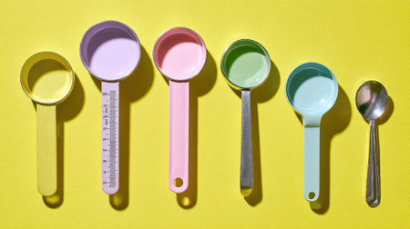 A vibrant arrangement of pastel measuring cups and a spoon on a bright yellow background, perfect for enhancing culinary creativity and adding color to kitchen photography.の素材