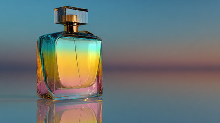 A captivating perfume bottle showcases a spectrum of pastel colors, reflecting a serene sunset. Ideal for beauty, fashion, or cosmetic-related projects and marketing.の素材