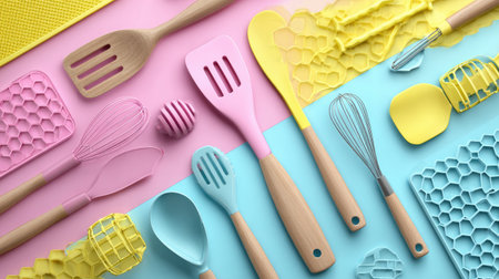 Bright and playful kitchen utensils spread across a colorful surface. This delightful flatlay features a variety of baking tools perfect for creative cooking.の素材