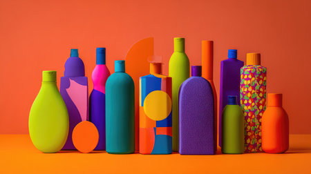 A striking arrangement of colorful bottles in various shapes against an orange backdrop. Ideal for projects related to modern design, branding, and creativity.の素材