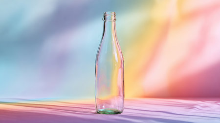This image features a clear glass bottle set against a vibrant pastel background. The minimalist design and soft reflections create an artistic and modern look.の素材
