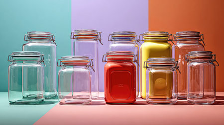 A collection of colorful glass jars arranged artfully against a vibrant background, ideal for showcasing kitchen storage solutions or decorative home displays.の素材