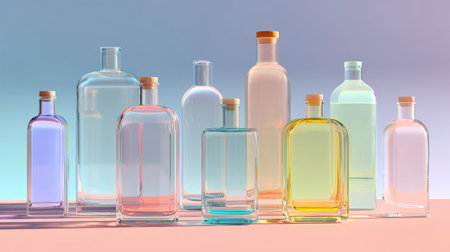 A stunning collection of diverse glass bottles showcasing various shapes and soft pastel hues. Ideal for creative, artistic, and decor projects that emphasize elegance.の素材