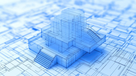 Detailed architectural blueprint showcasing a modern building model with intricate staircases and geometric shapes, perfect for design and engineering projects.の素材