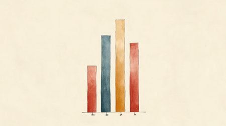 This watercolor bar chart features a minimalist design with vibrant colors, ideal for presentations or reports. Its artistic style adds a unique touch to data visualization.の素材
